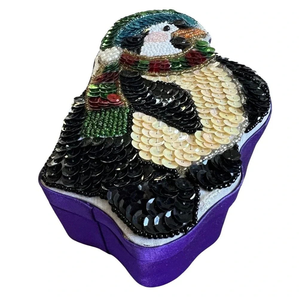 Penguin Beaded Sequin Trinket Box Purple‎ Fabric Winter Holiday Jewelry Case